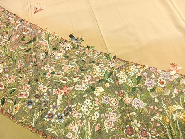 平和屋着物●中国三大刺繍　スワトウ刺繍　汕頭刺繍　総刺繍　訪問着　作家物　舞蝶花鳥文　暈し染め　金糸　正絹　逸品　AABM3880fy