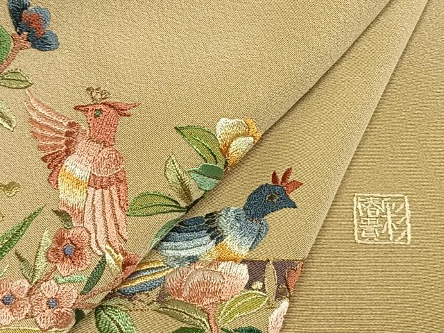 平和屋着物●中国三大刺繍　スワトウ刺繍　汕頭刺繍　総刺繍　訪問着　作家物　舞蝶花鳥文　暈し染め　金糸　正絹　逸品　AABM3880fy