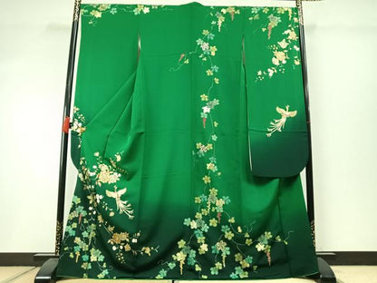 平和屋着物●英王室献上友禅作家　木下勝功　振袖　葡萄蔦の葉花鳥文　暈し染め　金銀彩　ラインストーン　正絹　逸品　AABM3889fy