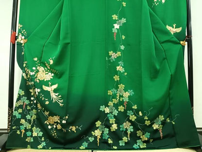 平和屋着物●英王室献上友禅作家　木下勝功　振袖　葡萄蔦の葉花鳥文　暈し染め　金銀彩　ラインストーン　正絹　逸品　AABM3889fy