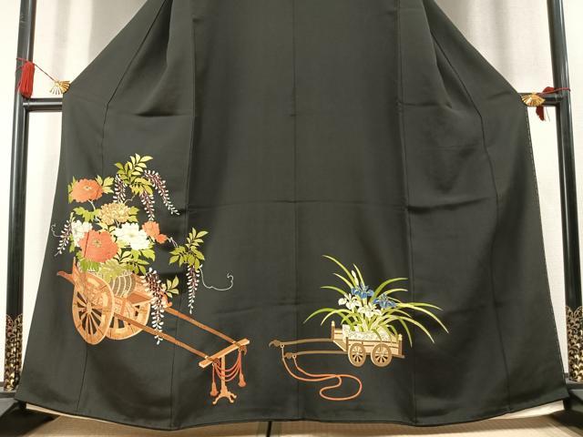 平和屋着物●銀座　志ま亀　黒留袖　駒刺繍　片輪車花文　金彩　たとう紙付き　正絹　逸品　AABM3891fy