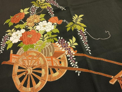 平和屋着物●銀座　志ま亀　黒留袖　駒刺繍　片輪車花文　金彩　たとう紙付き　正絹　逸品　AABM3891fy