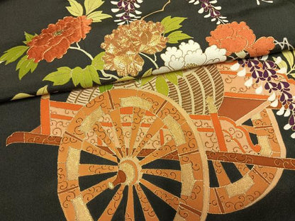 平和屋着物●銀座　志ま亀　黒留袖　駒刺繍　片輪車花文　金彩　たとう紙付き　正絹　逸品　AABM3891fy