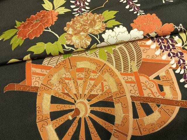 平和屋着物●銀座　志ま亀　黒留袖　駒刺繍　片輪車花文　金彩　たとう紙付き　正絹　逸品　AABM3891fy