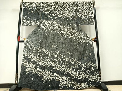 平和屋着物●訪問着　作家物　草花文　たたき染め　黒地　金彩　正絹　逸品　AABM3897fy