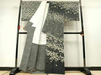 平和屋着物●訪問着　作家物　草花文　たたき染め　黒地　金彩　正絹　逸品　AABM3897fy