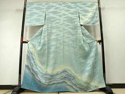 平和屋着物●訪問着　杢目絞り　遠山霞文　暈し染め　銀通し地　正絹　逸品　未使用　AABM3901fy