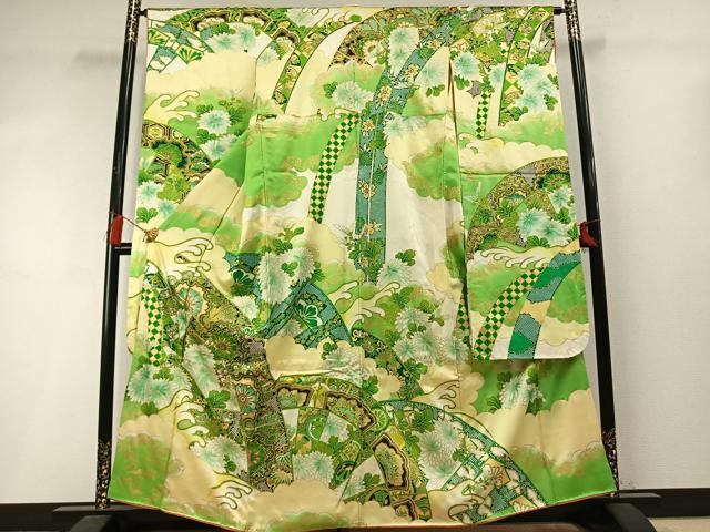 平和屋着物●豪華振袖　駒刺繍　立波熨斗花文　暈し染め　金彩　正絹　逸品　AABM3913fy