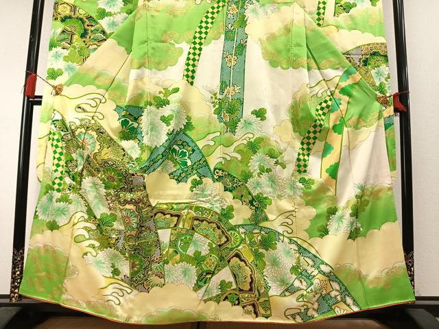 平和屋着物●豪華振袖　駒刺繍　立波熨斗花文　暈し染め　金彩　正絹　逸品　AABM3913fy
