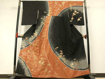 平和屋着物●訪問着　刺繍　松竹　花唐草文　暈し染め　黒地　金糸　金彩　正絹　逸品　AABM3918fy