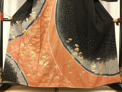 平和屋着物●訪問着　刺繍　松竹　花唐草文　暈し染め　黒地　金糸　金彩　正絹　逸品　AABM3918fy