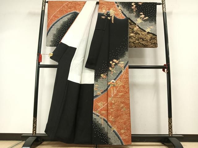 平和屋着物●訪問着　刺繍　松竹　花唐草文　暈し染め　黒地　金糸　金彩　正絹　逸品　AABM3918fy