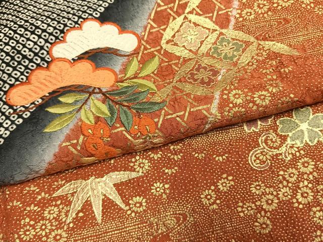 平和屋着物●訪問着　刺繍　松竹　花唐草文　暈し染め　黒地　金糸　金彩　正絹　逸品　AABM3918fy