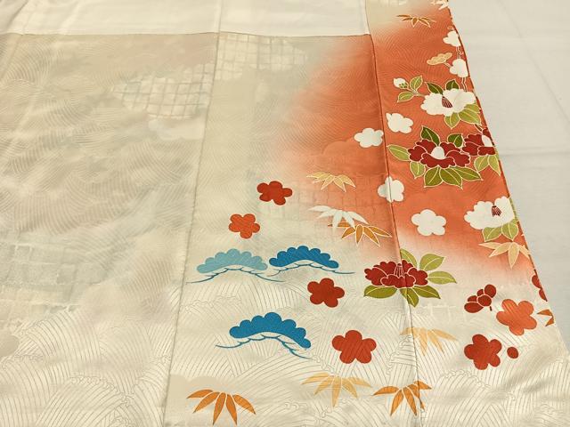 平和屋着物●豪華振袖　駒刺繍　松竹梅　草花陶器文　暈し染め　金彩　正絹　逸品　AABM3925fy