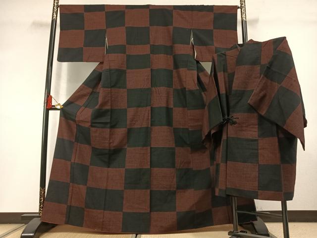 平和屋着物●上質な紬　道中着セット　市松文様　正絹　逸品　AABM3934fy