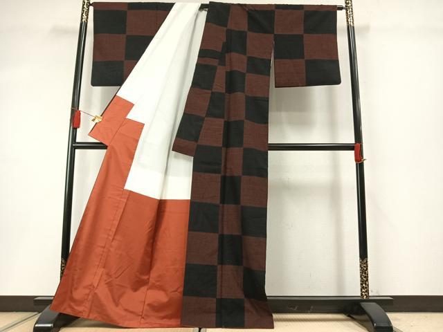平和屋着物●上質な紬　道中着セット　市松文様　正絹　逸品　AABM3934fy
