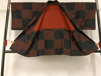 平和屋着物●上質な紬　道中着セット　市松文様　正絹　逸品　AABM3934fy
