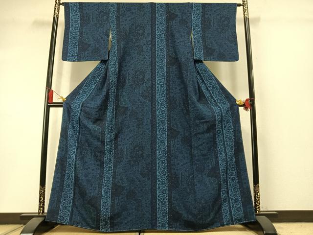 平和屋着物●上質な小紋　藍　更紗花文　京都きもの友禅扱い　正絹　逸品　未使用　AABM3936fy