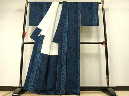 平和屋着物●上質な小紋　藍　更紗花文　京都きもの友禅扱い　正絹　逸品　未使用　AABM3936fy