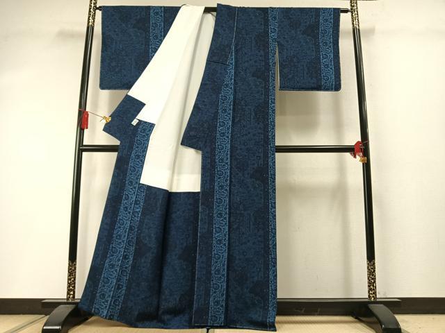 平和屋着物●上質な小紋　藍　更紗花文　京都きもの友禅扱い　正絹　逸品　未使用　AABM3936fy