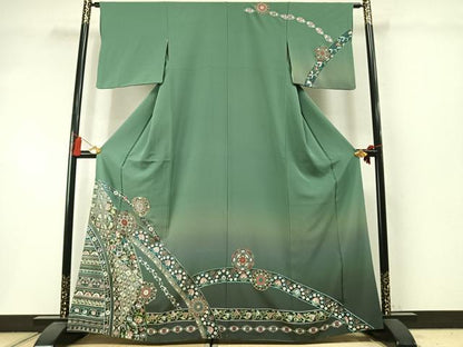 平和屋着物●中国三大刺繍　スワトウ刺繍　汕頭刺繍　総刺繍　訪問着　吉祥花文　暈し染め　金糸　正絹　逸品　AABM3937fy