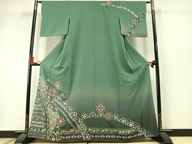 平和屋着物●中国三大刺繍　スワトウ刺繍　汕頭刺繍　総刺繍　訪問着　吉祥花文　暈し染め　金糸　正絹　逸品　AABM3937fy