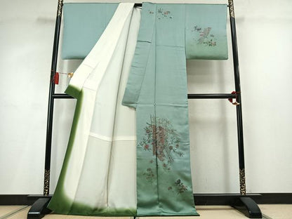 平和屋着物●訪問着　総刺繍　草花熨斗文　暈し染め　ロング丈　正絹　逸品　AABM3959fy