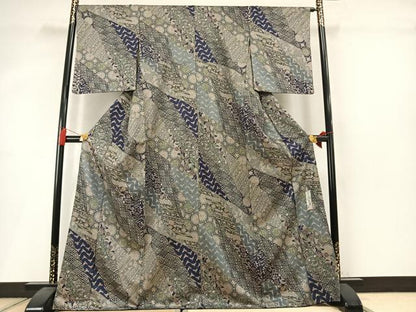 平和屋着物●染色作家　斉藤三才　小紋　切嵌花鳥文　金彩　正絹　逸品　AABM3960fy