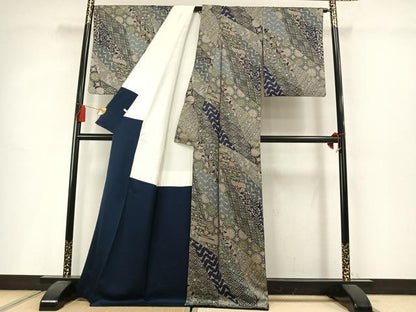 平和屋着物●染色作家　斉藤三才　小紋　切嵌花鳥文　金彩　正絹　逸品　AABM3960fy