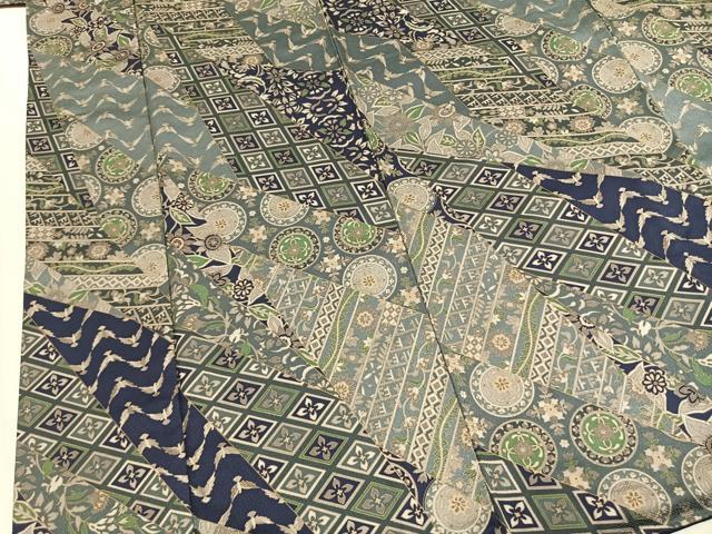 平和屋着物●染色作家　斉藤三才　小紋　切嵌花鳥文　金彩　正絹　逸品　AABM3960fy