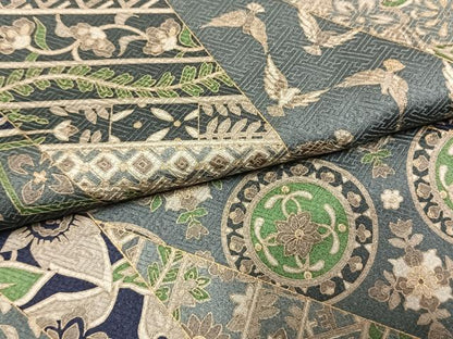 平和屋着物●染色作家　斉藤三才　小紋　切嵌花鳥文　金彩　正絹　逸品　AABM3960fy