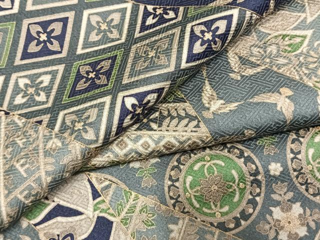 平和屋着物●染色作家　斉藤三才　小紋　切嵌花鳥文　金彩　正絹　逸品　AABM3960fy