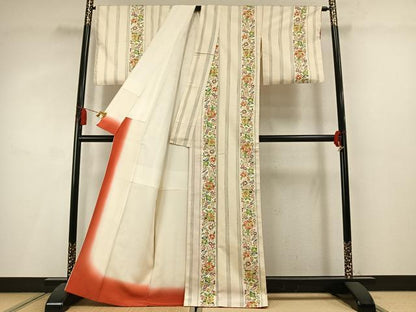 平和屋着物●上質な小紋　紬地　草花間道　正絹　逸品　AABM3965fy