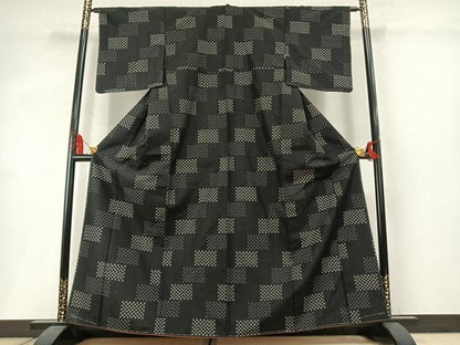平和屋着物●上質な紬　十字絣　黒地　正絹　逸品　未使用　AABM3971fy