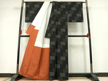 平和屋着物●上質な紬　十字絣　黒地　正絹　逸品　未使用　AABM3971fy