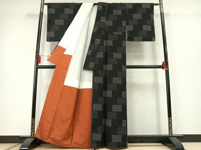 平和屋着物●上質な紬　十字絣　黒地　正絹　逸品　未使用　AABM3971fy