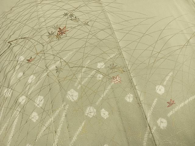 平和屋着物●訪問着　駒刺繍　舞葉文　金銀彩　正絹　逸品　AABM3979fy