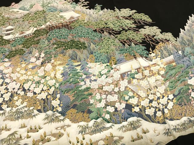 平和屋着物●豪華黒留袖　作家物　松竹梅　風景文　金彩　正絹　逸品　AABM3987fy