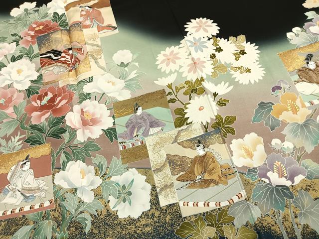 平和屋着物●豪華黒留袖　作家物　色紙重ね人物花文　暈し染め　金彩　反端付き　正絹　逸品　未使用　AABM3988fy