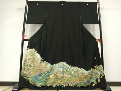 平和屋着物●豪華黒留袖　友禅　作家物　風景枝松文　正絹　逸品　AABM3990fy