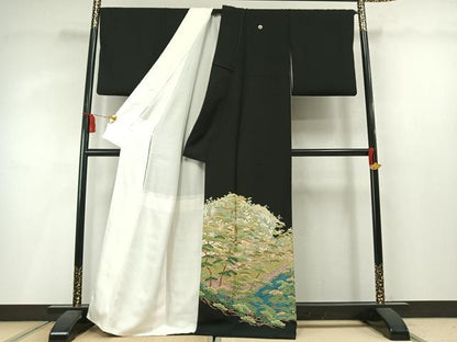 平和屋着物●豪華黒留袖　友禅　作家物　風景枝松文　正絹　逸品　AABM3990fy