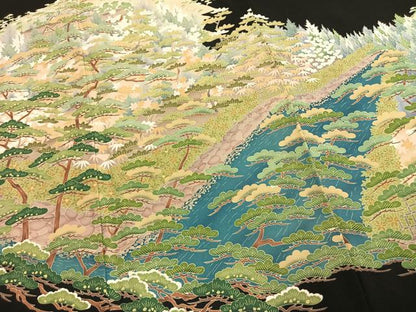 平和屋着物●豪華黒留袖　友禅　作家物　風景枝松文　正絹　逸品　AABM3990fy