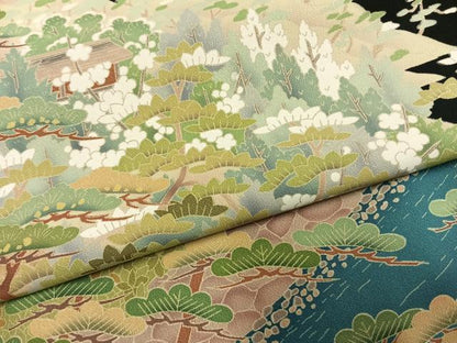 平和屋着物●豪華黒留袖　友禅　作家物　風景枝松文　正絹　逸品　AABM3990fy