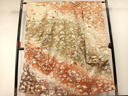 平和屋着物●豪華振袖　飛鶴扇面花文　暈し染め　金彩　正絹　逸品　AABM4008fy
