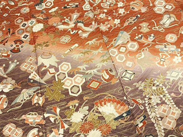 平和屋着物●豪華振袖　飛鶴扇面花文　暈し染め　金彩　正絹　逸品　AABM4008fy