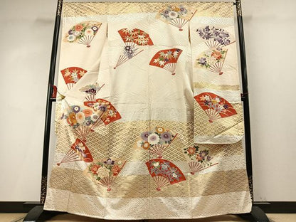 平和屋着物●豪華振袖　駒刺繍　扇面花文　金銀彩　正絹　逸品　AABM4014fy