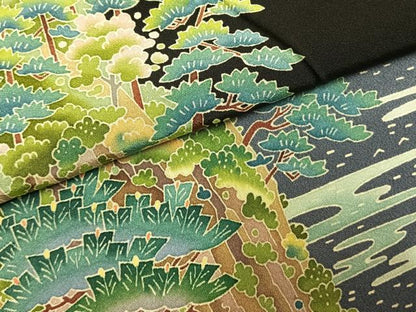 平和屋着物●本加賀友禅作家　浅野冨治男　黒留袖　枝松飛鳥文　暈し染め　正絹　逸品　未使用　AABM4023fy