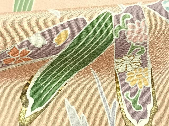 平和屋着物●訪問着　笹竹花文　金彩　反端付き　正絹　逸品　AABM4028fy
