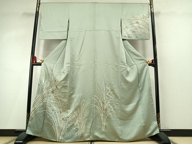 平和屋着物●訪問着　刺繍　舞蝶草葉文　金糸　金彩　やまと誂製　正絹　逸品　AABM4039fy