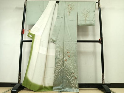 平和屋着物●訪問着　刺繍　舞蝶草葉文　金糸　金彩　やまと誂製　正絹　逸品　AABM4039fy